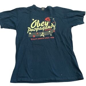 2000s Obey Dark Blue Propaganda Tee Y2K Size Medium Skate Graffiti Spray Paint